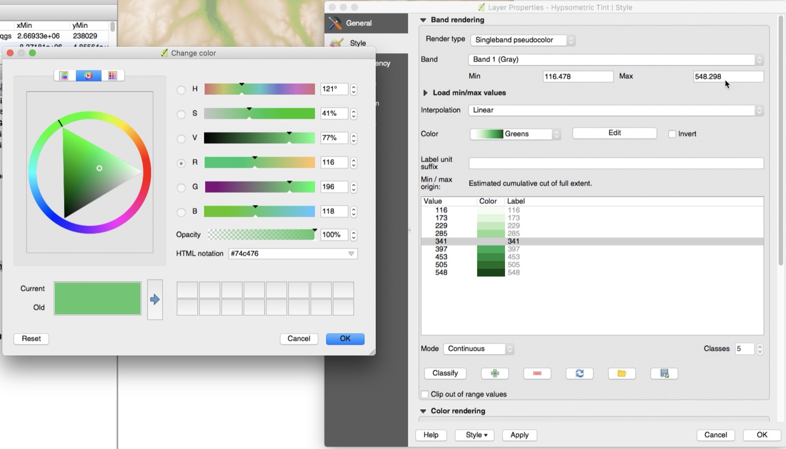Setting the hypsometric tints using a pseudocolor as a resource)